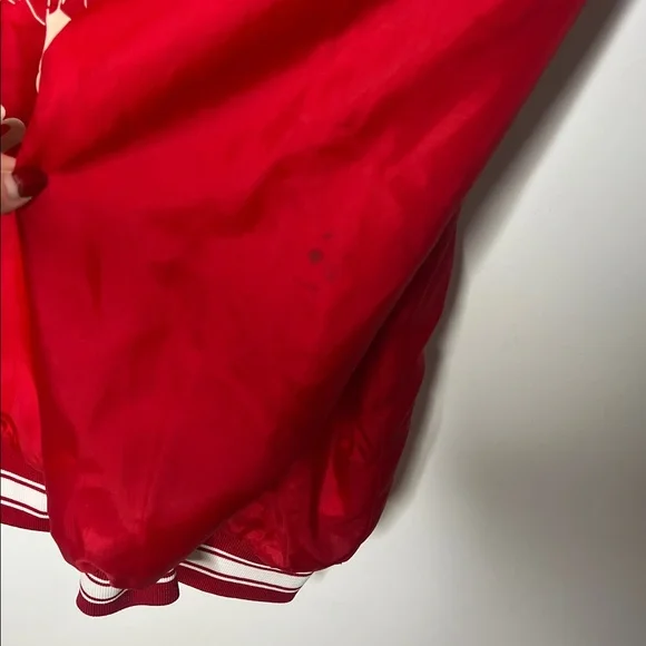 Vintage 80s Red Satin Bomber Jacket Bremen Pom Pons Cheerleader USA Made - Picture 7 of 15